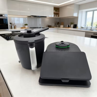Thermomix TM7 z deflektorem pary na blacie kuchennym